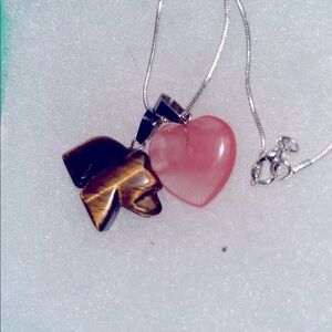 Boho hippie Cherry Quartz Heart ❤️ & Tigers Eye Bear sterling silver 24” nec…